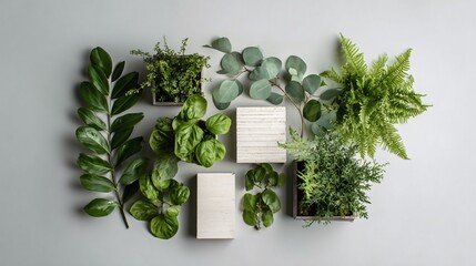 Fototapeta premium A clean editorial flat lay with greenery arranged in a compact cluster offset from center leaving large margins