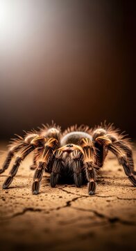 Extreme close-up of a large brown tarantula resting on dry earth, showcasing its thick, bristly hair and intimidating eight-legged structure, creepy, eight legs, tropical