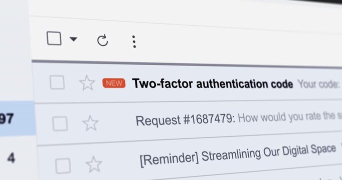 Incoming email with title two-factor authentication code, new email with security notice, close up footage