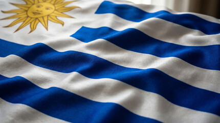 Fototapeta premium Waving flag of Uruguay with its iconic Sun of May on silk fabric