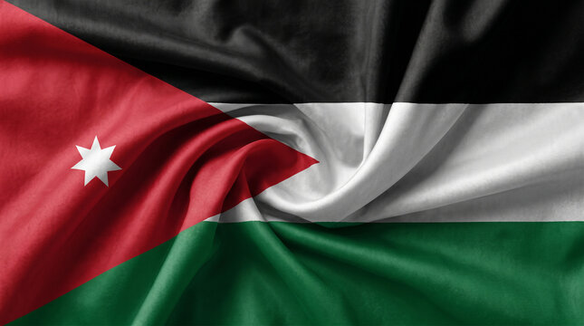 Wavy national flag of Jordan rippling on textured silk fabric