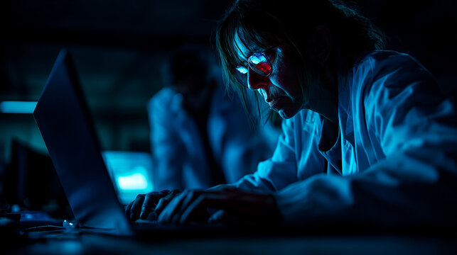 Software engineer working on computer code in dark cyber security office with software