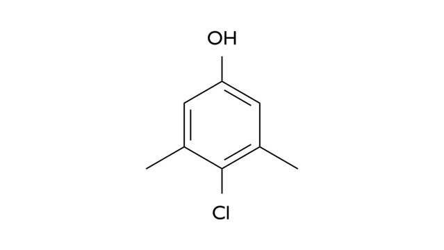 chloroxylenol molecule, structural chemical formula, ball-and-stick model, isolated image antiseptic