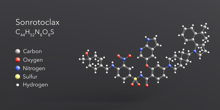 sonrotoclax molecule 3d rendering, flat molecular structure with chemical formula and atoms color coding