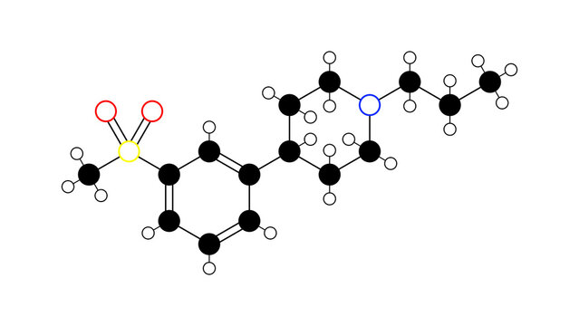 pridopidine molecule, structural chemical formula, ball-and-stick model, isolated image neuroprotective agent