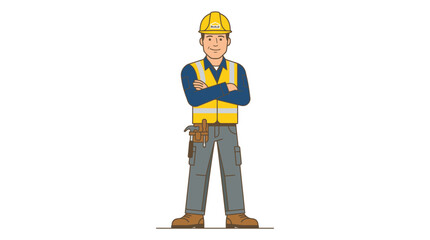 A cartoon construction worker in a yellow hard hat and vest stands with arms crossed on a plain white background. © Dhiyak Boneto