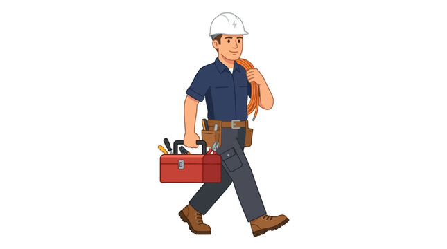 A cartoon construction worker wearing a white hard hat walks while talking on the phone with a red toolbox in hand and a tool belt around his waist against a plain white background.
