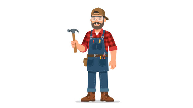 A cartoon lumberjack in a plaid shirt and denim overalls holding a hammer on a plain white background.