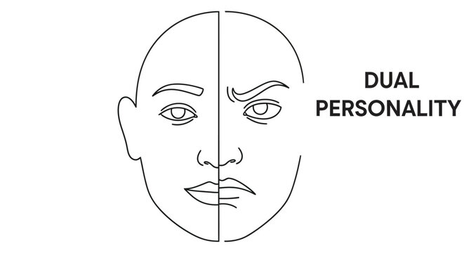 Dual personality concept illustrated with a split face line drawing