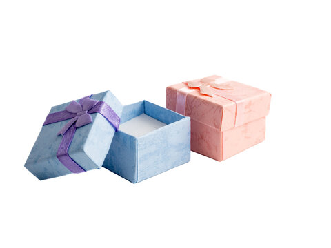 square pastel peach and baby blue ring jewelry boxes close up