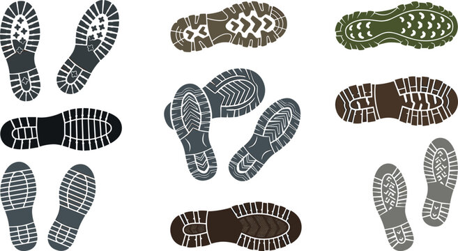 Hiking boot sole prints and sneaker shoe tread marks vector collection featuring tactical military footprints athletic tracking patterns and isolated walking trail steps.