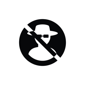 Silhouette of a person with a hat and sunglasses inside a prohibition circle black on white ban black and white caution