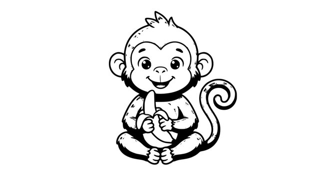 Cute smiling cartoon monkey holding banana flat vector illustration isolated on white background