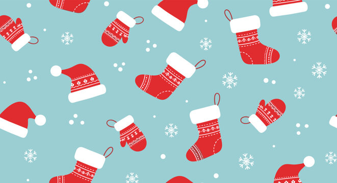 Festive Christmas pattern with red stockings, Santa hats, and mittens decorated with snowflakes on a light blue background.