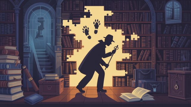 Silhouette of a detective in a library piecing together a mystery with paw prints