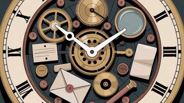 Intricate steampunk clock face with gears, roman numerals, and vintage elements