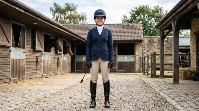 Young woman equestrian standing in stable with horses in background.