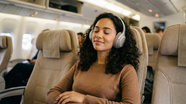 Young woman relaxing with headphones on an airplane flight.