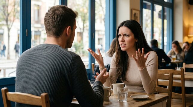 Young couple having a serious conversation and conflict in a cafe.