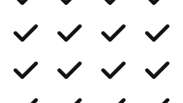 Black check mark icons moving rhythmically in uniform rows on white background seamless motion design.