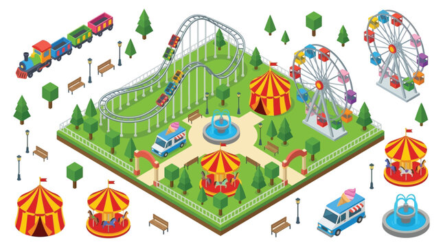 Isometric amusement park illustration with rides and attractions