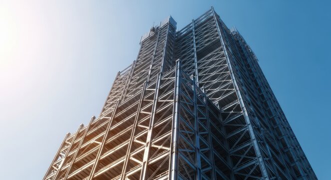 Massive steel skeleton of a new high-rise building stretching into the sky, showcasing engineering and architectural framework, construction, grid, geometric
