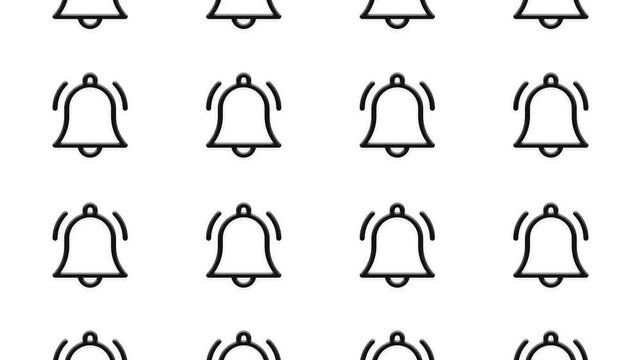 Seamless motion background animation featuring rows of vibrating bell notification icons in black line.