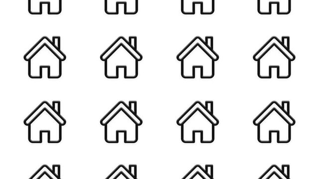 Seamless loop of black outlined house icons moving vertically on a white background, minimal design.