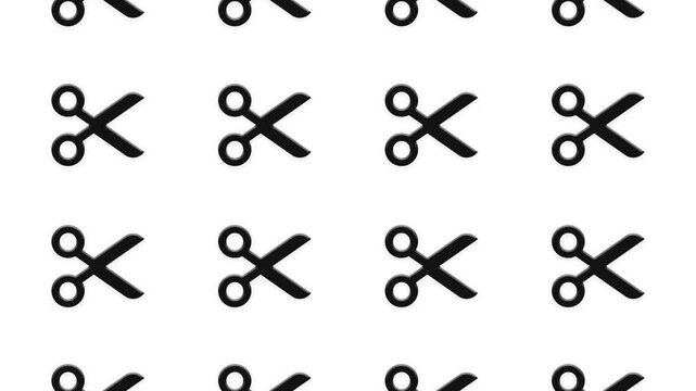 Black scissors icons moving vertically across white background in a seamless loop motion graphics.