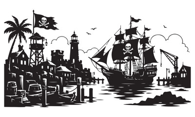 Obraz premium Pirate Harbor Silhouette, historic maritime port scene, vector isolated on white