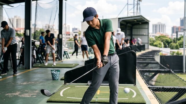 Young man practicing golf swing with diverse group at a driving range.