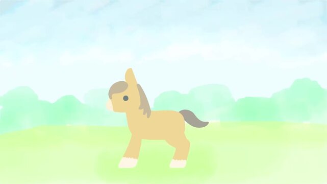 An animation of a cute horse running across a meadow