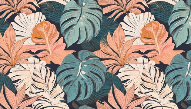 pastel tropical jungle monstera leaves and floral composition seamless pattern for retro boho botanical summer background design