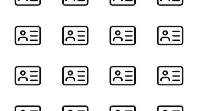 Seamless looping animation of black identity card icons in grid on white background, motion graphics clip.
