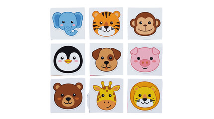Fototapeta premium Cute cartoon animal face cards arranged in a nine square grid
