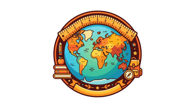 Education Globe Icon: Ruler, Books, Pencil, Compass, Backpack - Global Learning & Travel