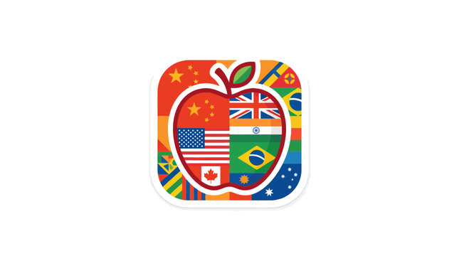 Multilingual Apple Icon: World Flags Representing Global Education and Communication