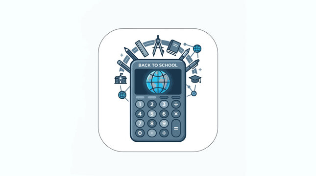 Calculator with Globe and School Supplies Icons for Back to School and Education Concepts