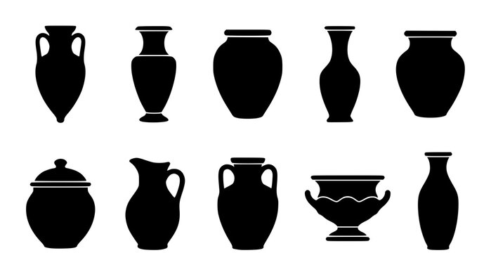Black silhouettes of various ancient greek and roman style vases and amphorae
