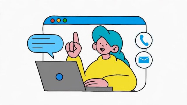 Animation Online communication and customer support, woman pointing at browser window with contact icons