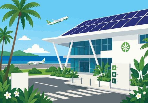 Modern Tropical Airport Terminal with Solar Panel Roof Sustainable Aviation Hub Eco Friendly Transportation Infrastructure Flat Vector Illustration