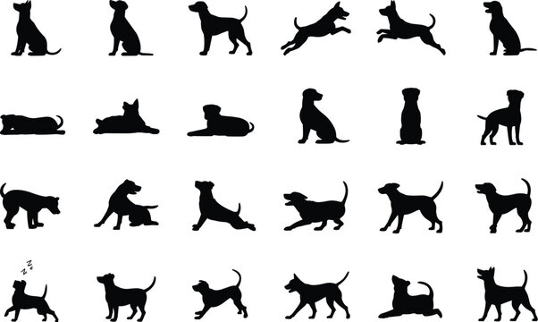 Dog breed silhouette collection showing various poses of man best friend in different ways