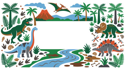 Dinosaur landscape with volcano and prehistoric plants. © abedin