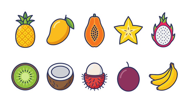 Colorful tropical fruit icon set in flat outlined vector style