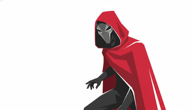 Masked character wearing vibrant red cloak crouches in stealthy pose against clean white background for fantasy or gaming character design projects.
