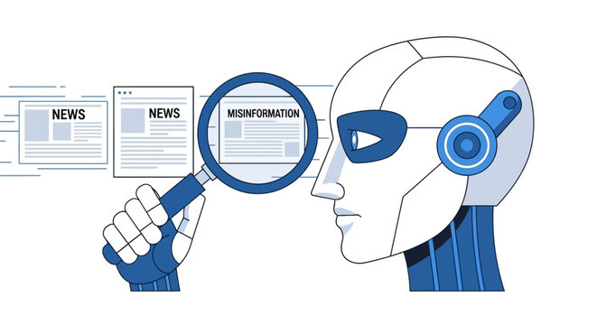 Artificial Intelligence Detecting Misinformation and Fake News, Robot Fact-Checking Digital Content Illustration