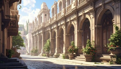Fototapeta premium Historic European street lined with classical architecture and arches.