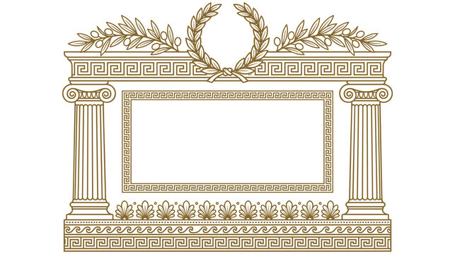 Antique gold roman frame with pillars and laurel wreath on white background.