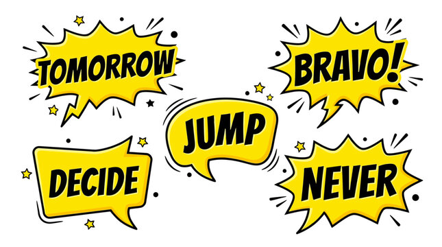 Action-oriented yellow comic bubbles with bravo and jump.