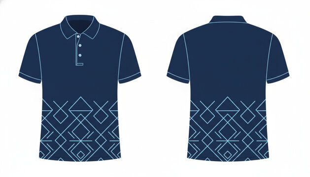 Dark blue polo shirt with front and back views featuring a geometric line pattern at the bottom hem for athletic sportswear and team uniform branding.